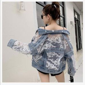 NEW Floral Lace Denim Crop Distressed Jacket